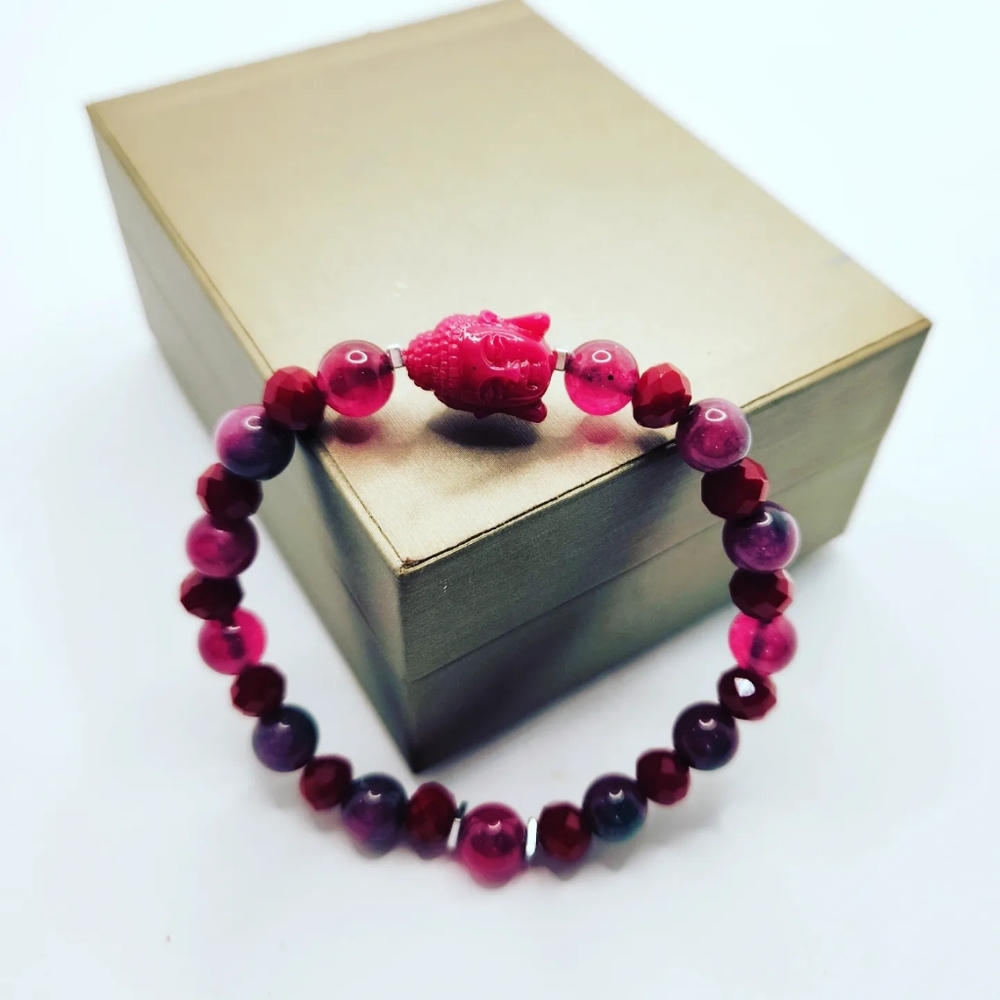 Tourmaline Quartz, Pink Agate Buddha charm bracelet 8 mm